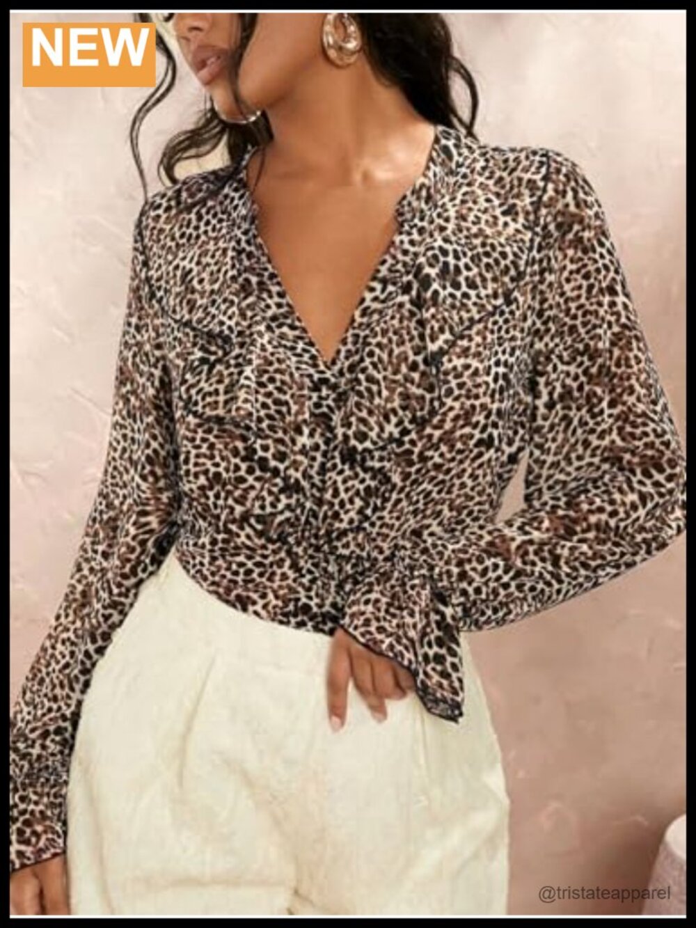 Leopard Print Ruffle Blouse V-Neck Long Sleeve Polyester Top - Picture 4 of 4